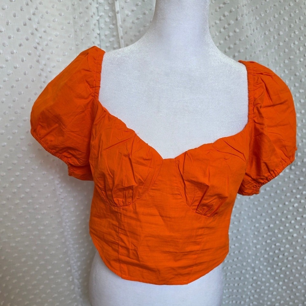 H&M Divided Orange Puff Sleeve Smocked Back Sweetheart Crop Top Blouse Large